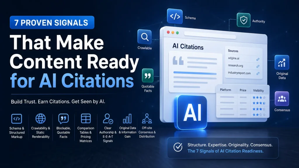 visual framework showing how structured content, clear facts, and authority signals help pages get cited by AI search systems
