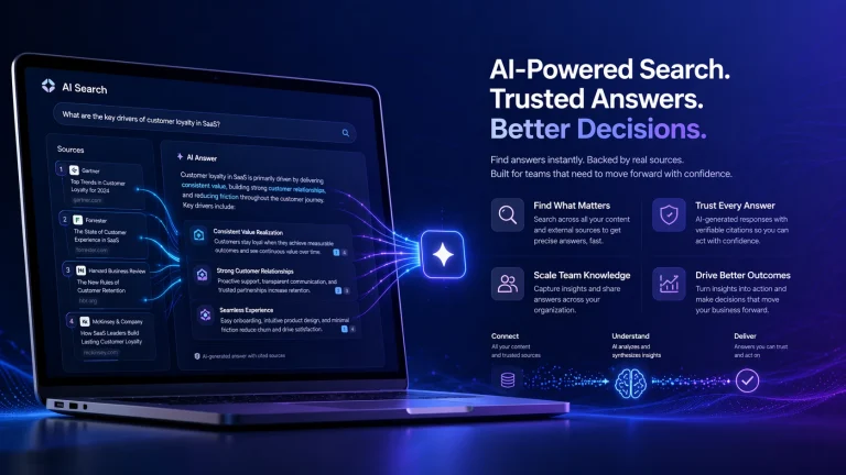 Generative AI search interface showing cited sources, highlighted answers, and data flow connections on a modern SaaS dashboard