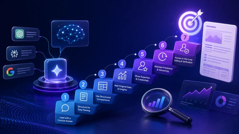 A futuristic staircase made of glowing steps with icons, representing a structured workflow for optimizing content for AI search engines and improving visibility.