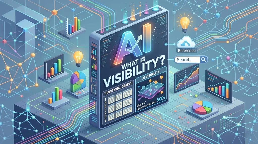 Diagram illustrating AI visibility definition, key metrics, and brand strategy for generative search engines like ChatGPT, Perplexity, and Google AI Overviews