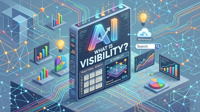 Diagram illustrating AI visibility definition, key metrics, and brand strategy for generative search engines like ChatGPT, Perplexity, and Google AI Overviews