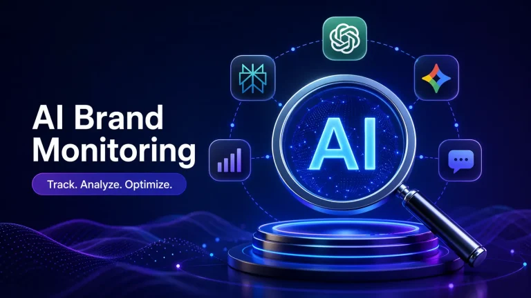 AI brand monitoring interface showing AI visibility tracking, citation analysis, and search presence optimization with data insights and generative AI ecosystem connections