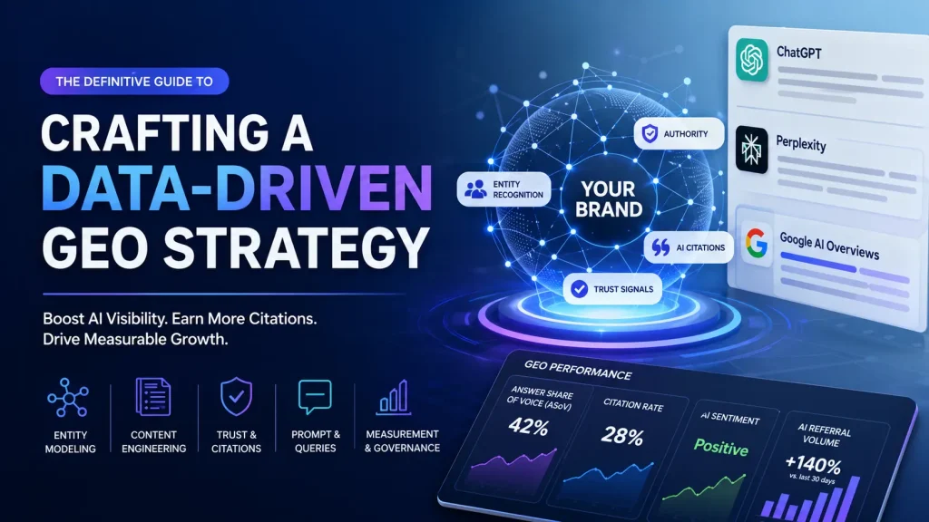The definitive guide to building a data-driven GEO strategy — entity modeling, AI citation optimization, and visibility tracking across ChatGPT, Perplexity, and Google AI Overviews
