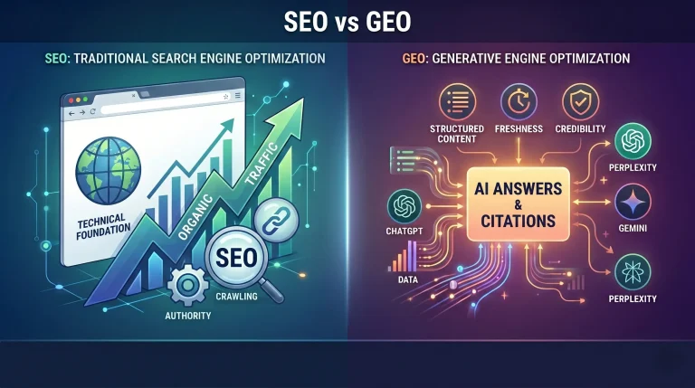 comparison diagram of generative engine optimization (GEO) vs search engine optimization (SEO)
