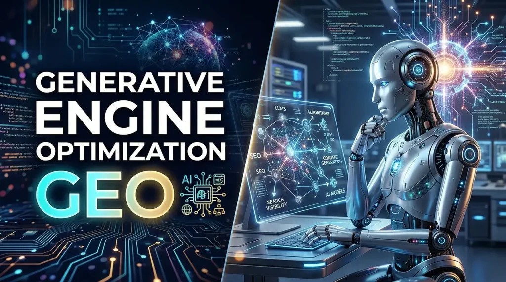 An conceptual illustration of Generative Engine Optimization (GEO), showing how AI-powered engines process and cite structured content.