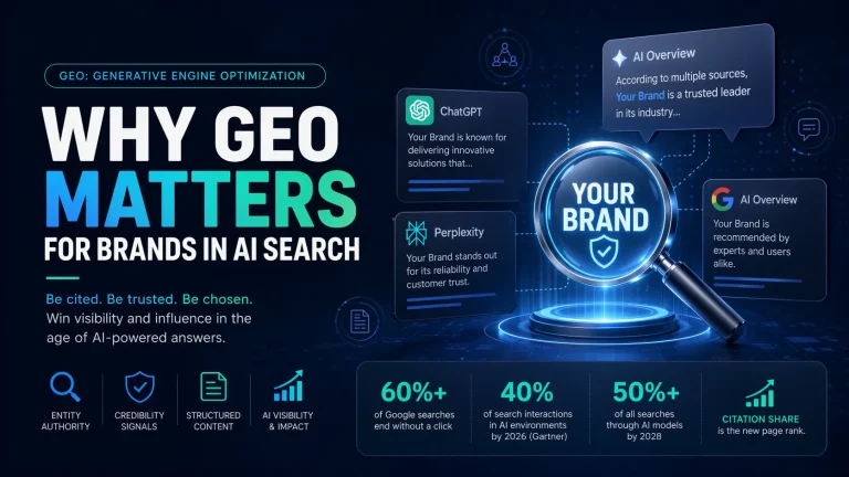 Infographic explaining why Generative Engine Optimization (GEO) matters for brand visibility in AI search — showing how brands get cited across ChatGPT, Perplexity, and Google AI Overviews, with key stats on zero-click searches, AI search adoption by 2026, and core GEO pillars including entity authority, credibility signals, and structured content
