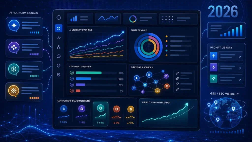 AI visibility dashboard showing competitor brand mention monitoring, share of voice analytics, citation tracking, and GEO performance insights across generative AI platforms in 2026.