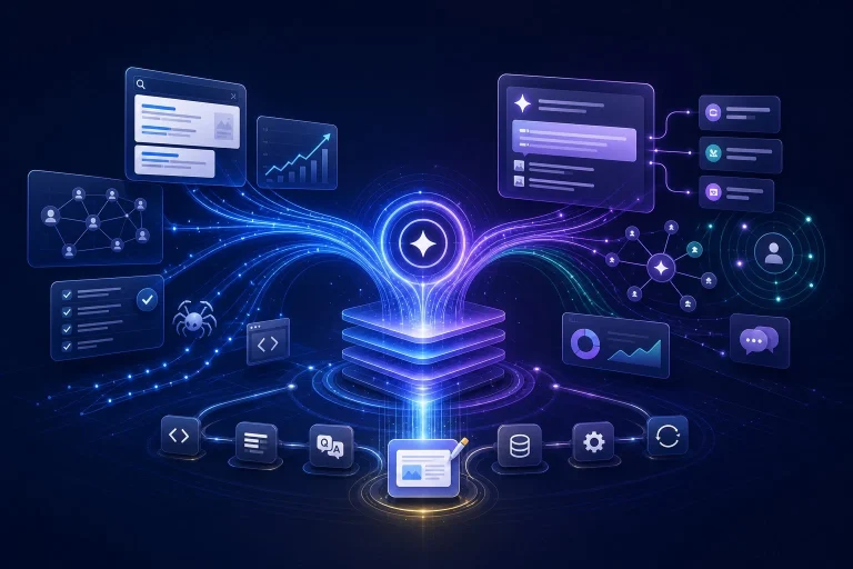 Editorial cover illustration showing GEO tools and traditional SEO platforms working together in a unified 2026 marketing stack, combining organic search rankings, keyword tracking, AI answer citations, brand mentions, prompt tracking, backlinks, schema signals, and AI visibility analytics.